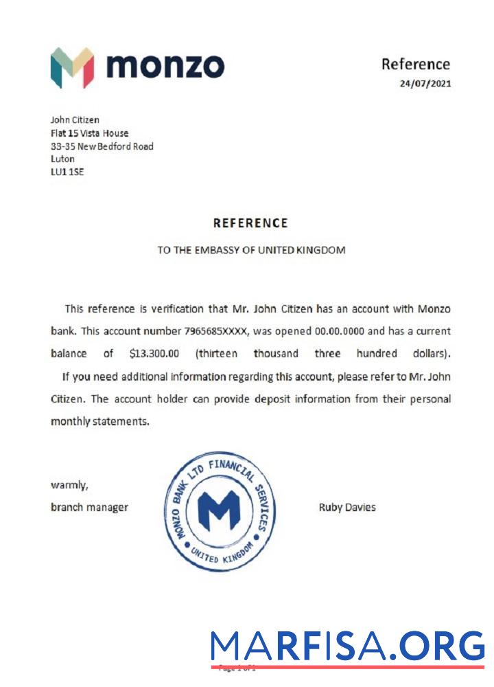 Downloadable United Kingdom Monzo bank reference example